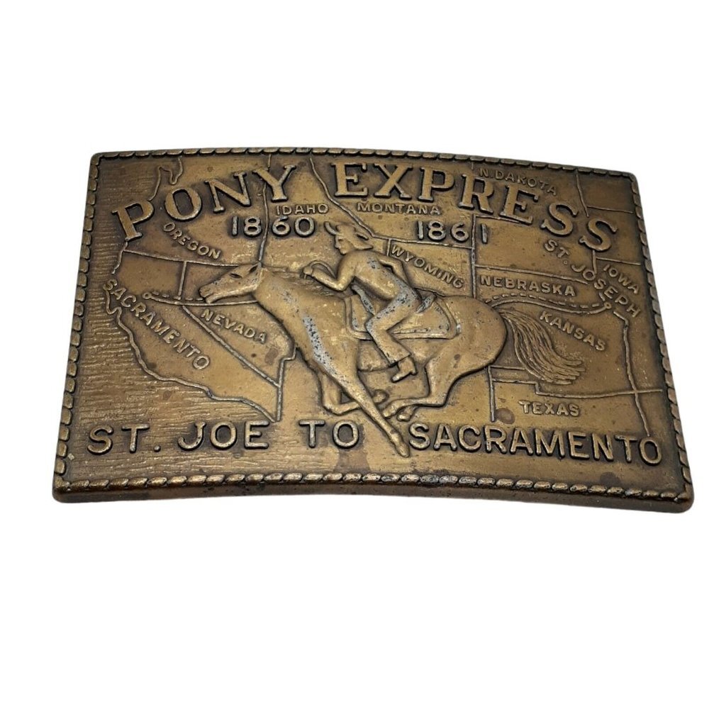 Vintage Pony Express 1860 1861 Belt Buckle Brass St Joe to Sacramento